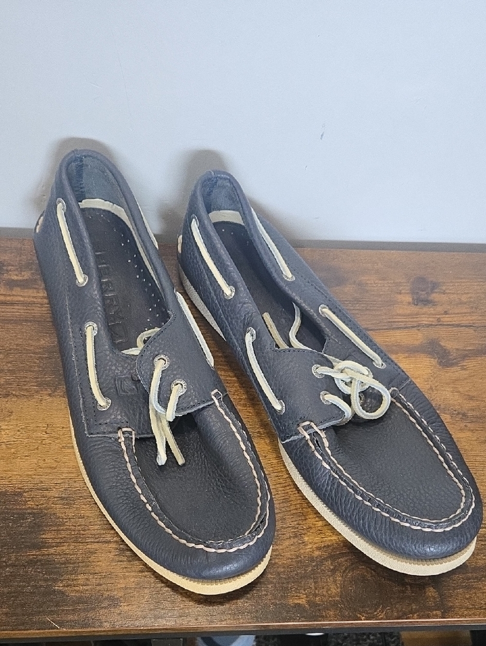 Sperry Navy Leather Moc Toe Boat Shoes with Cream Laces